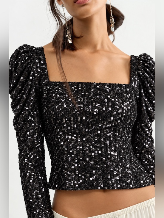 Ramy Brook Tops - Ramy Brook Hazel Black Sequin Square Neck Puff Sleeve Designer Luxury Top NWT, S